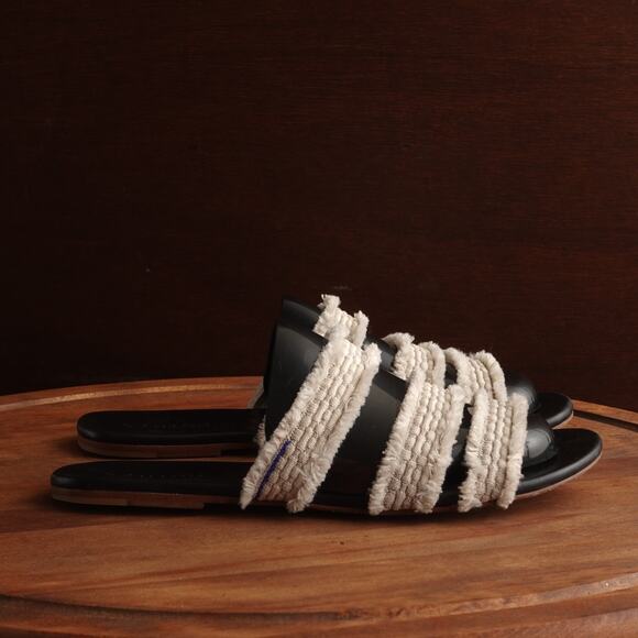 Rothy's Sandals Womens SZ 8.5 BLK White Sea Shell Fringe Slip On Slide Flat Shoe - Picture 1 of 10